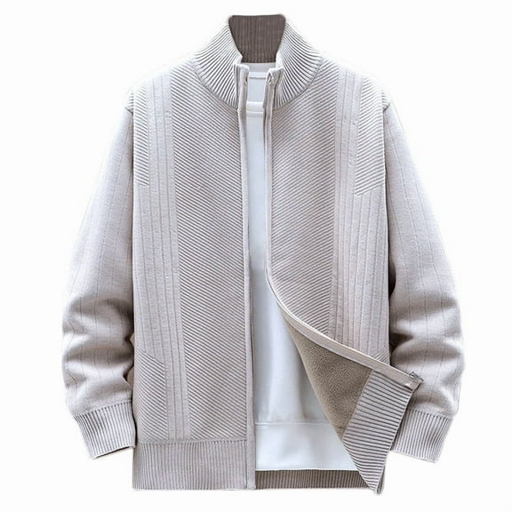 ZCFZJW Striped Knitted Sweater for Men Lightweight Casual Fall Winter Full Zip Up Cardigan Sweater Plus Size Long Sleeve Slim Fit Knit Stand Collar Knit Sweater Tops Beige XXXL