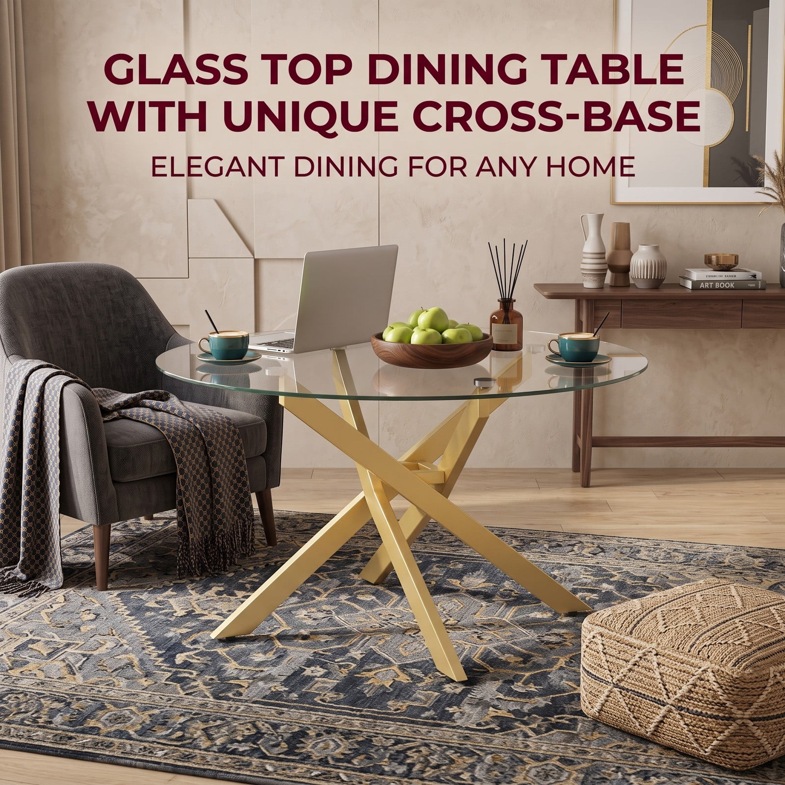 Furnibear Round Glass Coffee Table, Tempered Glass Top Center Table with Geometric Gold Metal Frame for Living Room, Adjustable Foot Pads, Modern Clear & Gold