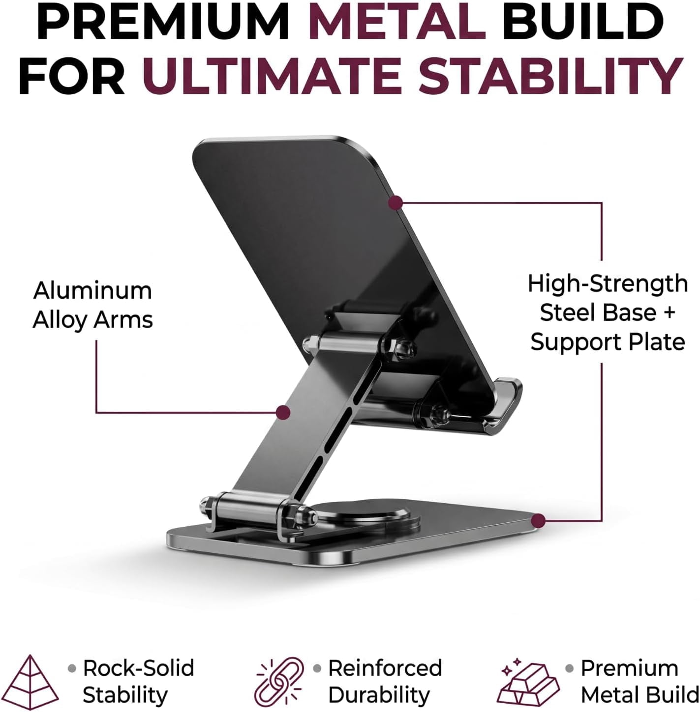 4 Joints 360° Rotating Cell Phone Stand for Desk, Adjustable Folding Stand, Aluminum Alloy Arms & Steel Base, Non-Slip Silicone Pads, Scratch-Free iPhone Android, Black