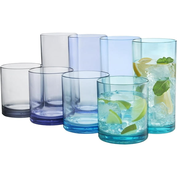 Classic Plastic Reusable Drinking Glasses (Set of 8) 12oz Rocks & 16oz Water Cups in Coastal Colors | BPA-Free Tumblers, Made in USA | Top-Rack Dishwasher Safe