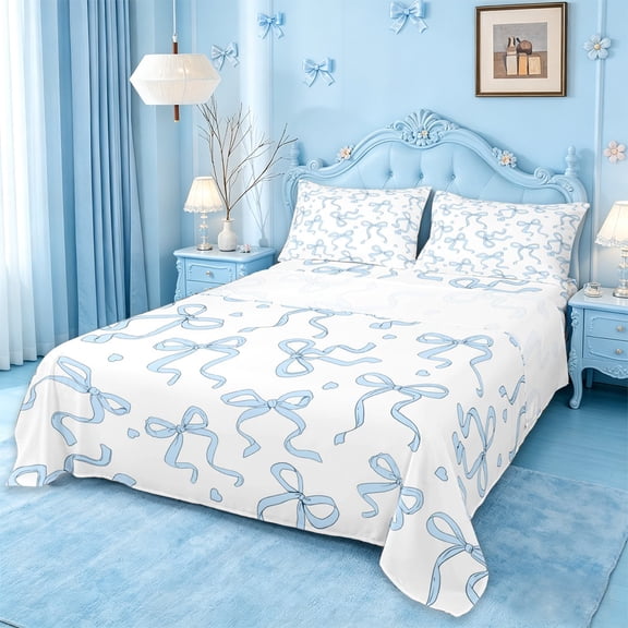 Manfei Blue Girly Bow Full Size Sheets For Girls,Cartoon Heart Print Bed Sheets For Kids,4pcs