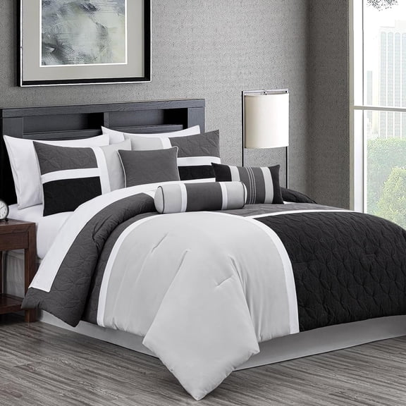 Upland 7-Piece Quilted Patchwork Comforter Set, Black/Gray/Light Gray, Queen
