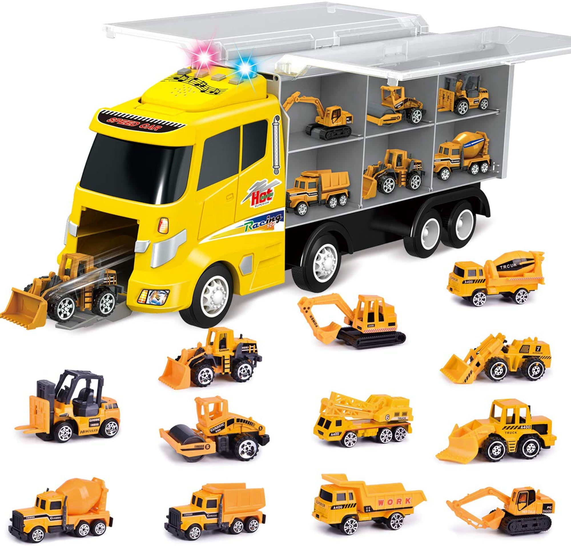 Crane Truck 1PC Toy Crane Truck Diecast Metal Cars Construction Truck wiht Light and Sound Pull Back Vehicles Toy Trucks for Boys Age3,4,5,6 