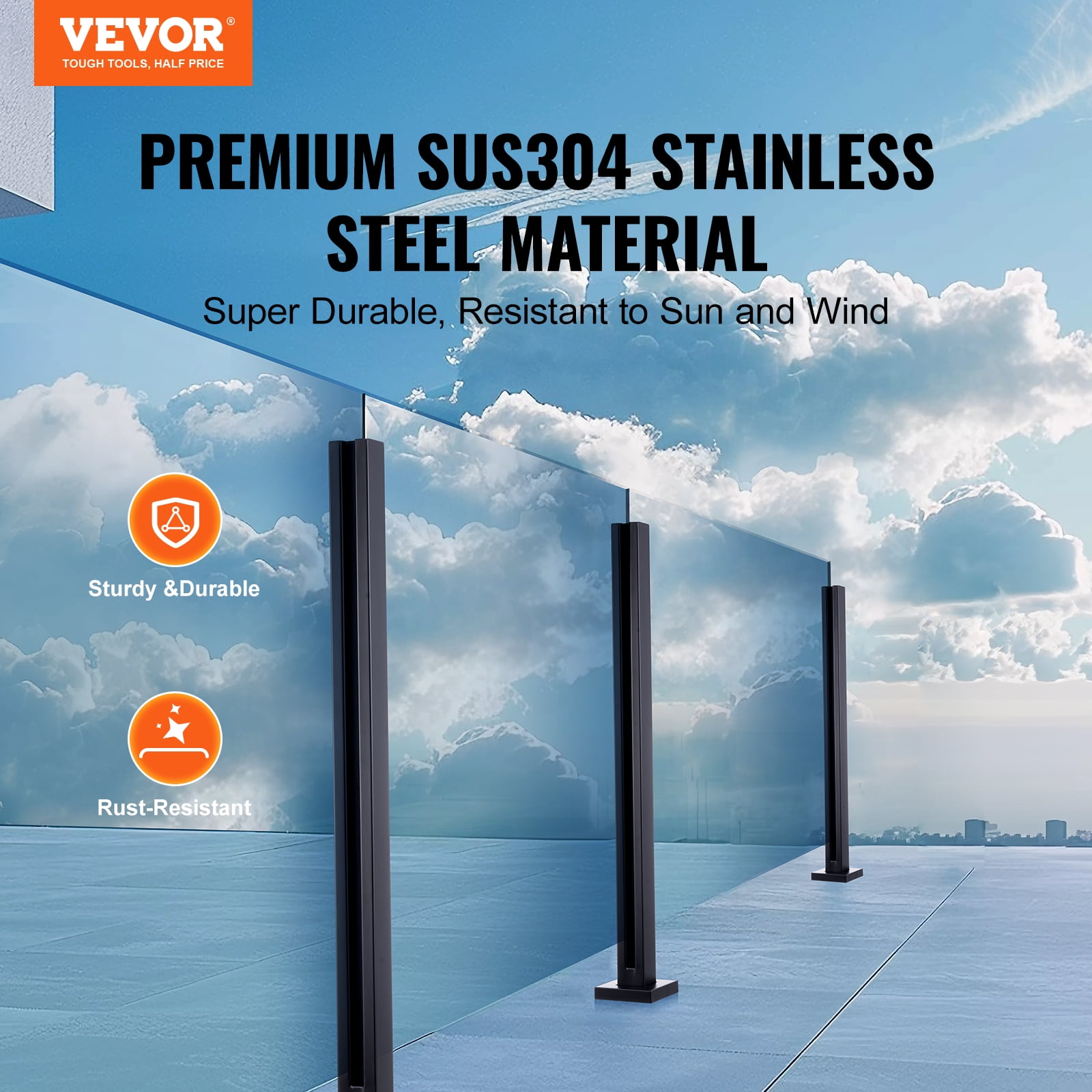 VEVOR Glass Clamp, 37.4" Height Glass Railing Bracket for 0.39 "-0.47 " Thickness Tempered Glass, 304 Stainless Steel Glass Mounting Clamp, Glass Shelf Bracket for Balcony, Garden, Deck,Stair,Black