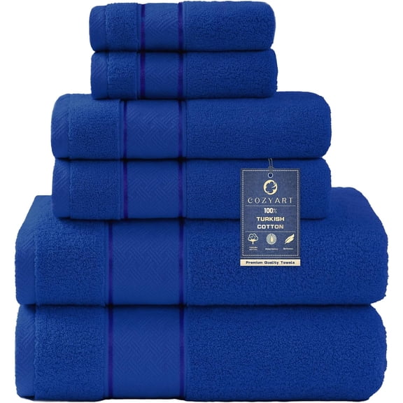 Royal Blue 6 Piece Bath Towel Set 100% Zero Twist Ring Spun Turkish Cotton 650 GSM