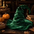 thumbnail image 4 of Crushed Velvet Wrinkled Witch Hat Adult Halloween, Polyester Fiber Twisted Curved Wizard Hat Vintage Prop for Spooky Halloween Party and Dress Up Green B, 4 of 6
