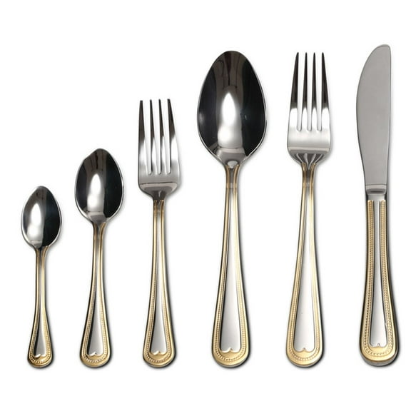 Venezia Collection"Beads" 75-Piece Fine Flatware Set, Silverware Cutlery Dining Service for 12, Premium 18/10 Surgical Stainless Steel, 24K Gold-Plated Hostess Serving Set