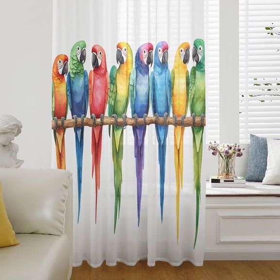 Colorful Parrot Sheer Curtains 72 Inch Length, Light Filtering Voile Curtain Panel, Watercolor Modern Funny Animal Bird Rod Pocket Drapes Window Treatments for Living Room Bedroom 52"x72"