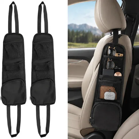 2 Pack Waterproof Oxford Car Seat Side Hanging Organizer, Multi Mesh & Zipper Pocket Elastic Fixed Storage Bag for Cars, SUVs and Trucks