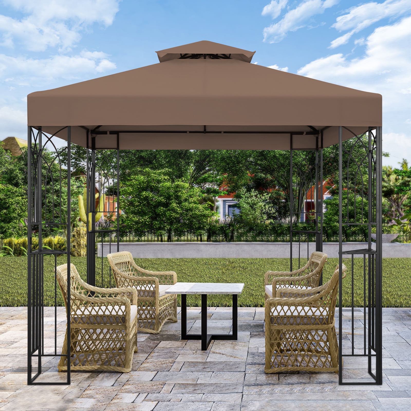 COOS BAY 8x8 Outdoor Patio Gazebo with Corner Shelves, Two-Tier Soft Top Canopy for Backyard, Lawn, Deck and Garden, Brown