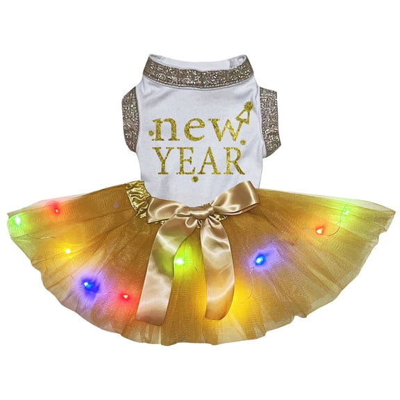 Petitebelle New Year Puppy Dog Dress (White/Gold LED, X-Large)