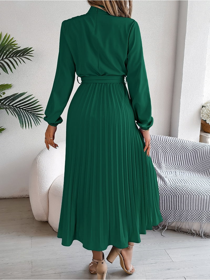 Yesfashion Autumn and Winter Elegant Women's Dress Stand Up Collar Long Sleeved Waist Cinched Long Skirt