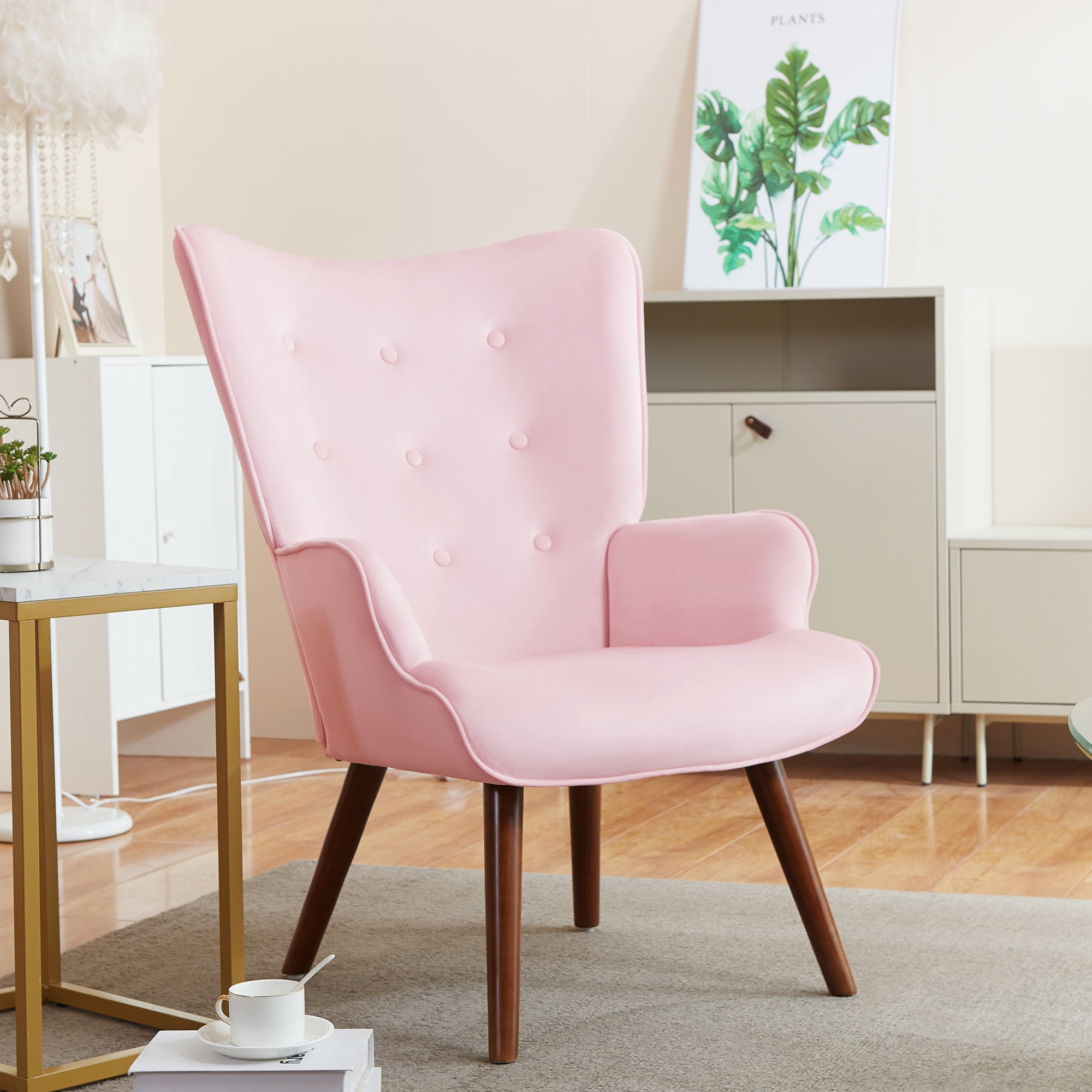 TrumanPick Modern Accent Chair, Velvet High Back Armchair with Solid Legs Sofa Chairs for Living Room Vanity Room, Pink