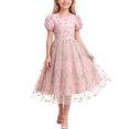 thumbnail image 2 of Girls Tulle Princess Dresses Trendy Embroidery Flower Lace Puff Sleeve Crew Neck Gown for Pageant Wedding Birthday Party Graduation Dance Prom Pink 5-6 Years, 2 of 6