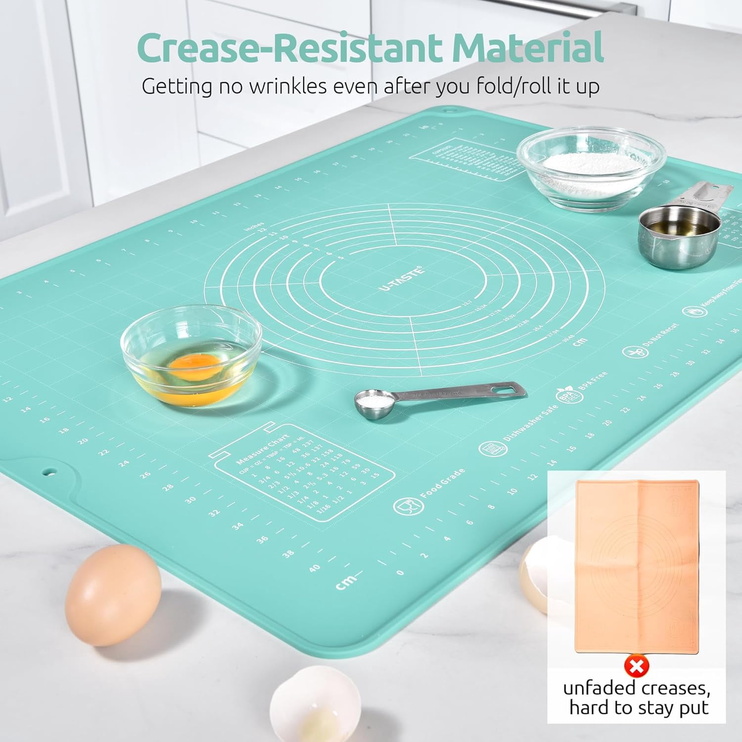 U-Taste Large Silicone Pastry Mat: 20inx16in Food-Grade Non-Stick Dough Rolling Baking Sheet, Non Slip for Kneading Prep Pizza, Fondant, Pie Crust with Clear Measurement and Raised Edges (Aqua Sky)