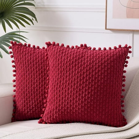 

Fancy Homi Set of 2 Wine Red Decorative Throw Pillow Covers 16x16 Inch with Pom-poms for Couch Bedroom Modern Farmhouse Boho Home Decor Soft Plush Corduroy Accent Cute Cushion Case 16x16