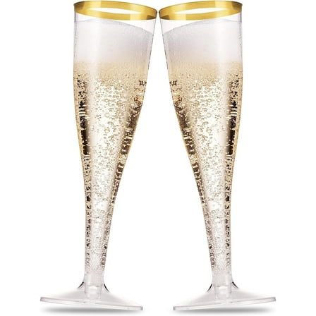 50 Pack Gold Rimmed Plastic Champagne Flutes 5 Oz Clear Plastic Toasting Glasses Fancy Disposable Wedding Party Cocktail Cups with Gold Rim