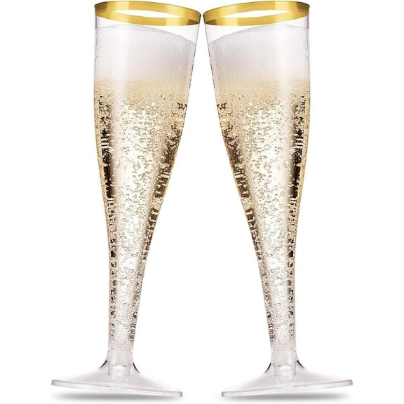50 Pack Gold Rimmed Plastic Champagne Flutes 5 Oz Clear Plastic Toasting Glasses Fancy Disposable Wedding Party Cocktail Cups with Gold Rim