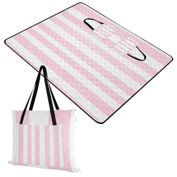 Extra Large Picnic Beach Blanket Waterproof Sand Proof Portable Outdoor Mat Pale Pink and White Striped 60x80