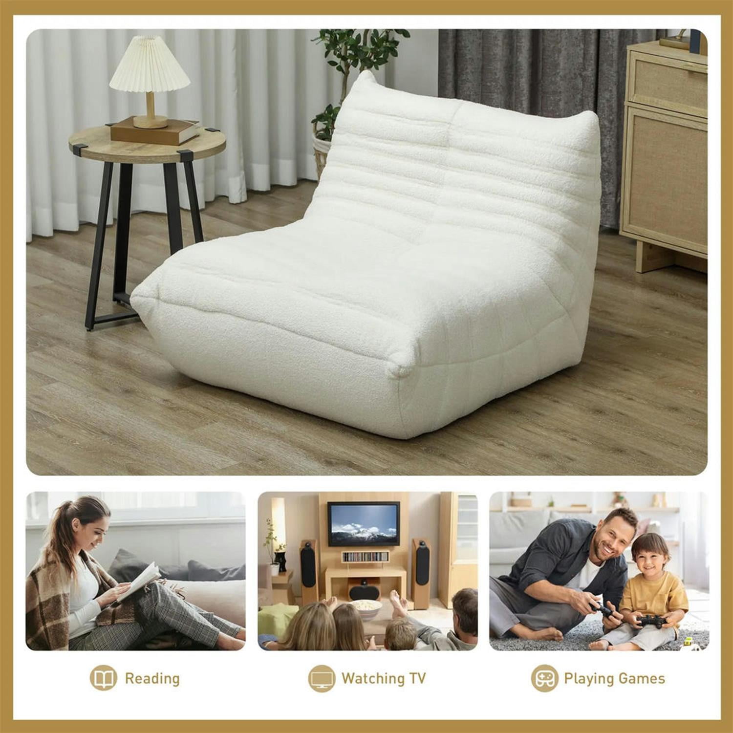 Demi Bonn Bean Bag Chair for Adults, Giant Fireside Chair, High Density Memory Foam Bean Bag Sofa Chair for Dorm, Living Room, White