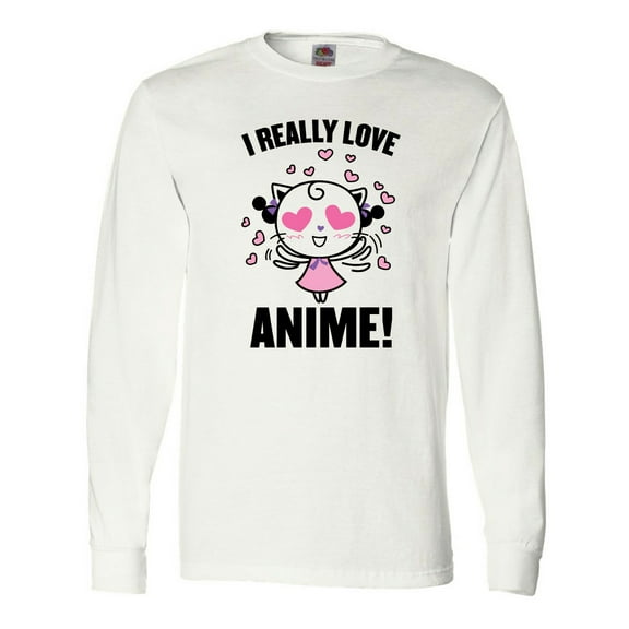 Inktastic I Really Love Anime with Cute Anime Cat and Hearts Long Sleeve T-Shirt