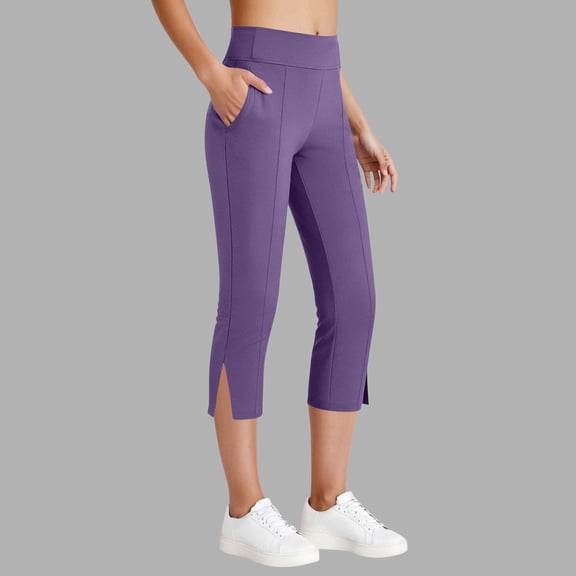 Cagogo Women's High Waisted Capri Pants with Pockets Solid Casual Streetwear Activewear Slim Fit Cropped Trousers Summer Beach Lounge Work Yoga Bottoms, Purple L