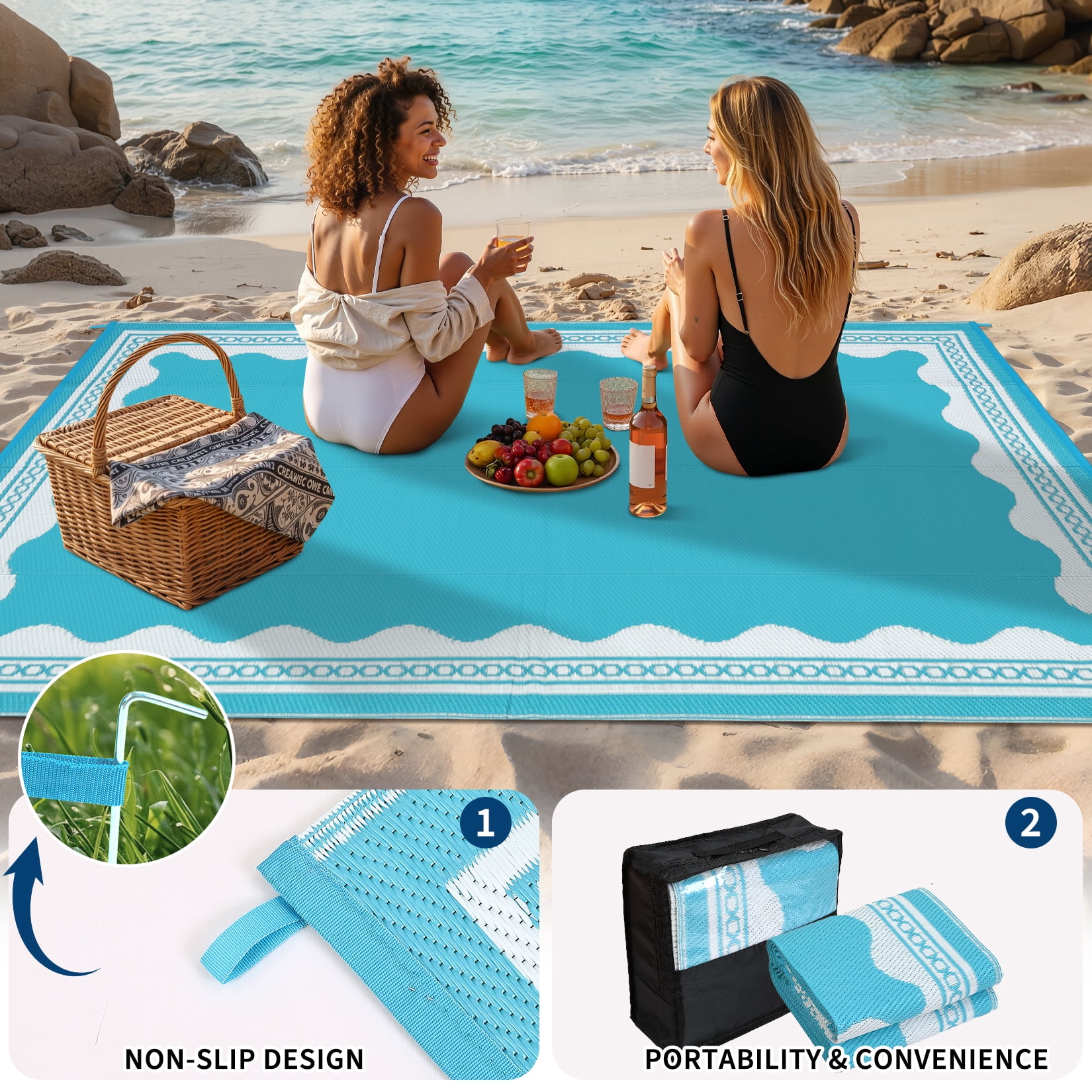 HIWEAVER Light Blue 9'x 12' Outdoor Rug Garden Decor Scolloped Bordered Carpet Plastic Straw Waterproof Reversible Patio Area Rug for Balcony Deck Picnic Portable Camping Mat