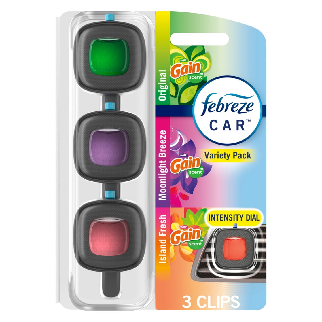 (4 pack) Febreze Car Air Freshener Vent Clip Gain Scents Variety Pack, .06 oz. Car Vent Clip, 3-Count