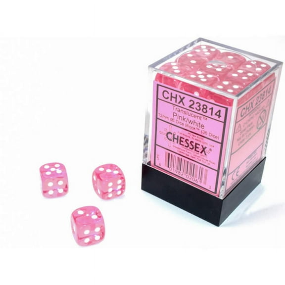 Pink Translucent D6 Dice with White Pips 12mm (1/2in) Pack of 36 Chessex