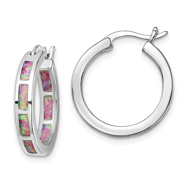 925 Sterling Silver Pink Created Opal Round Hoop Earrings In/out