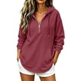 thumbnail image 2 of Women Waffle Knit Quarter Zip Hoodie Sevevn Drawstring Kangaroo Pocket Long Sleeve Loose Fit Casual Oversized Pullover Sweatshirt, 2 of 6