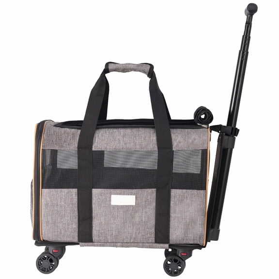 Cat Carrier with Wheels, Airline Approved Rolling Pet Carrier, Dog Carrier for Pets up to 22lbs, Telescopic Handle, Shoulder Strap, Folding Bowl - Grey
