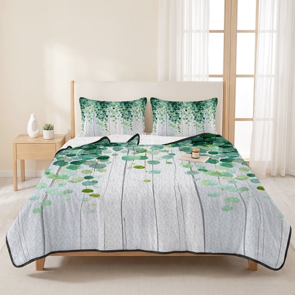 3 Pieces Queen Quilt Set,Watercolor Green Botanical Leaves Soft Bedding Sets with 1 Quilt & 2 Pillow Shams,Farm Plant Wood Grain Summer Bedspread Lightweight Coverlet Comforter