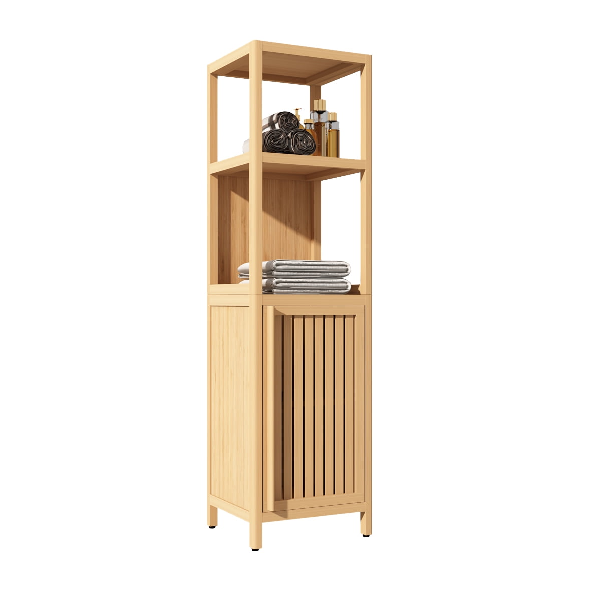 GARITIN Bamboo Storage Cabinet, Freestanding Tall Storage Tower with Shelves and Doors for Bathroom Living Room, Natural