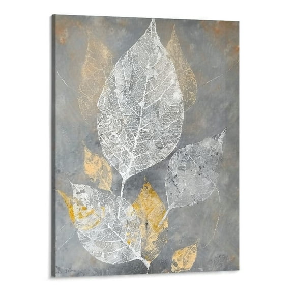 FCXZI Grey and Yellow Canvas Wall Art Abstract Leaf Painting Botanical Pictures Minimalist Artwork Prints for Office Bedroom 16''x20''