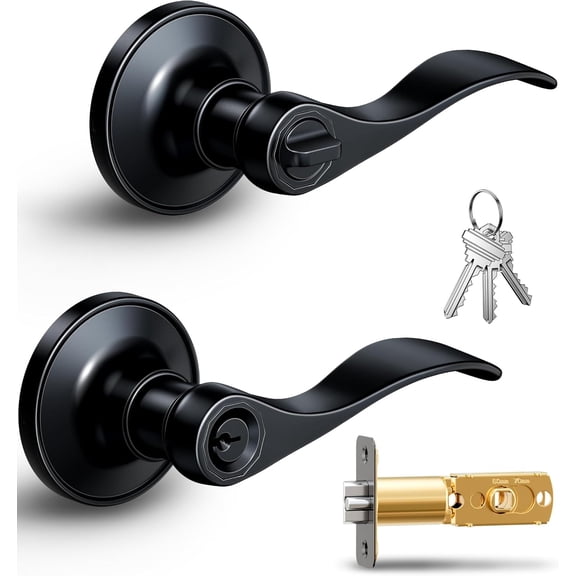 Veise Keyed Entry Door Handle with Lock, Wave Door Levers, Matte Black