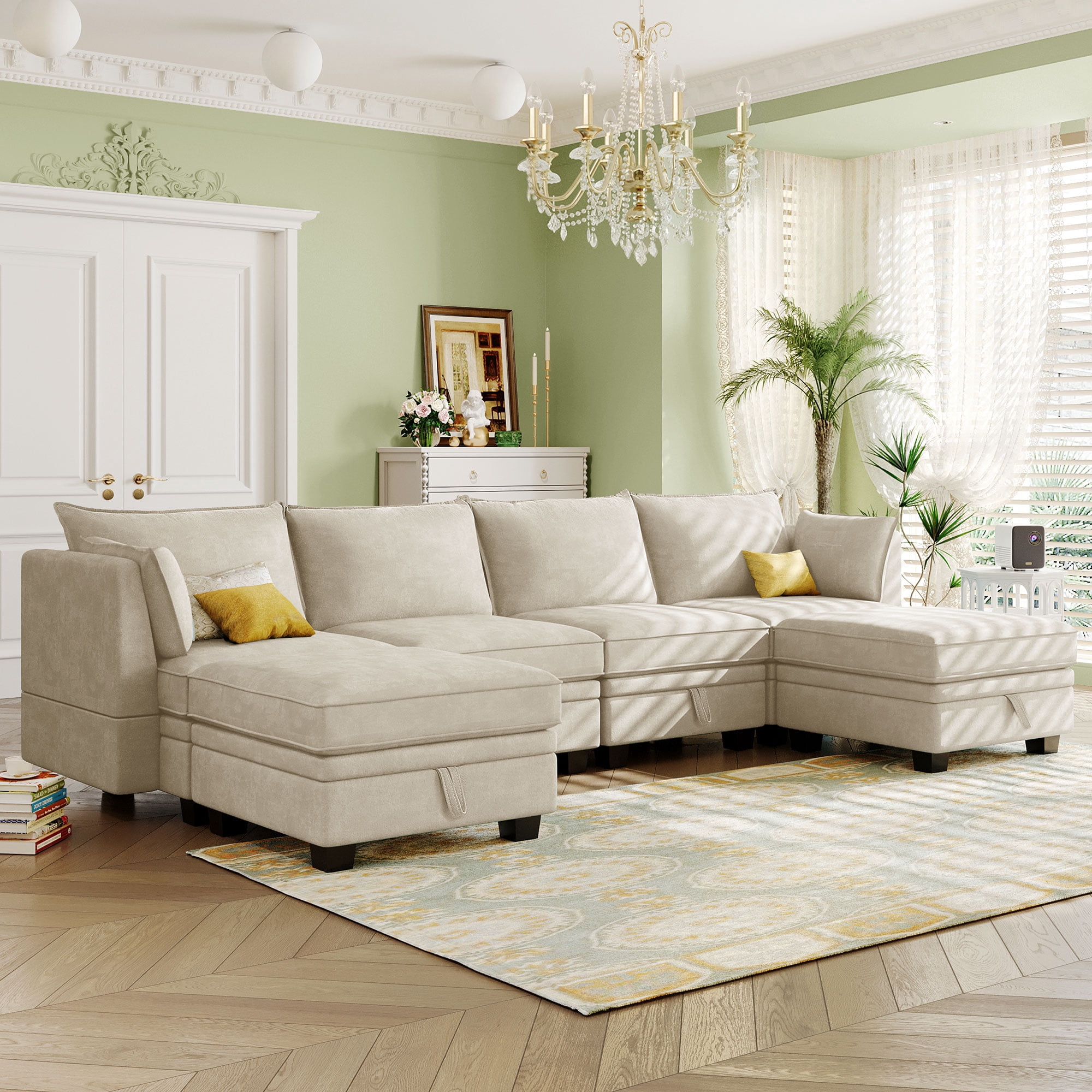 U shape combination 6 seater beige living room sofa