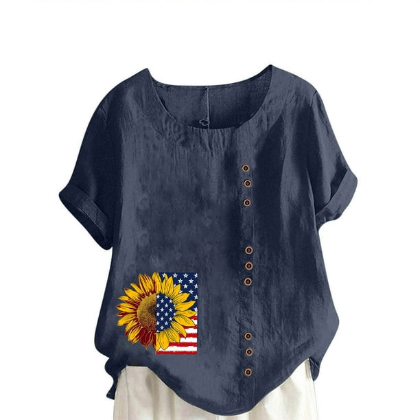 Vestidos Casuales Para Mujer, Blusas De Mujer De Moda Blusa informal de lino con botones y manga corta estampada para mujer