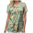 thumbnail image 4 of felwors Print Scrub Tops Women Floral Scrubs V Neck Short Sleeve Stretch Nurse Uniform with Pockets Functional Workwear (Light Green, L), 4 of 5