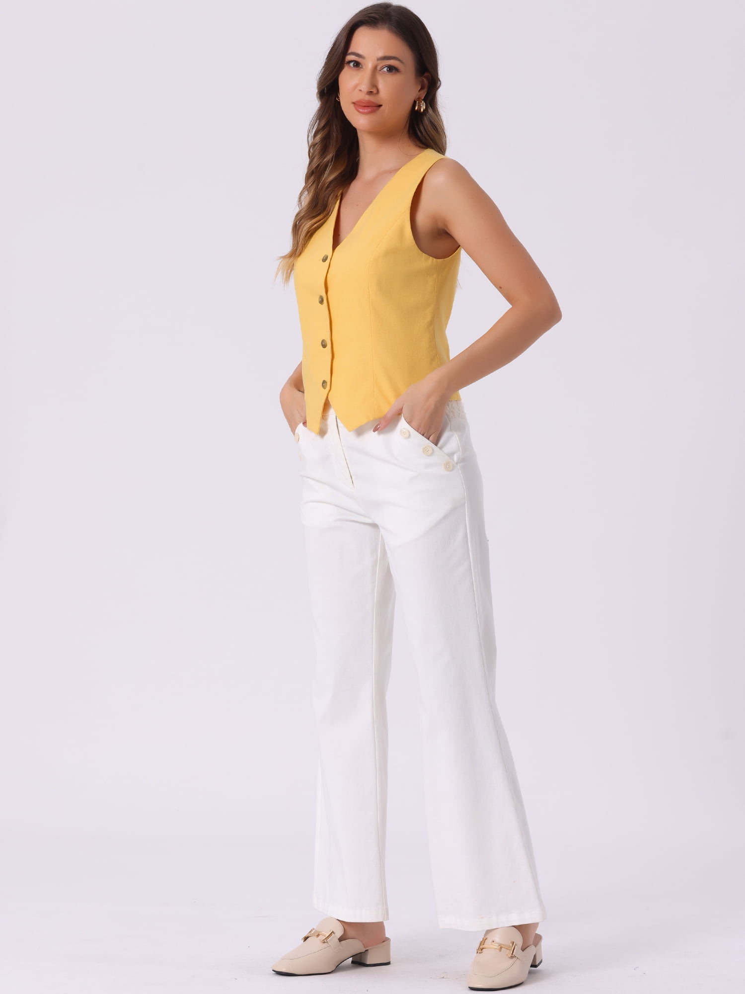 DARING DIVA Women's Button Down Sleeveless V Neck Crop Top Summer Vest S Yellow