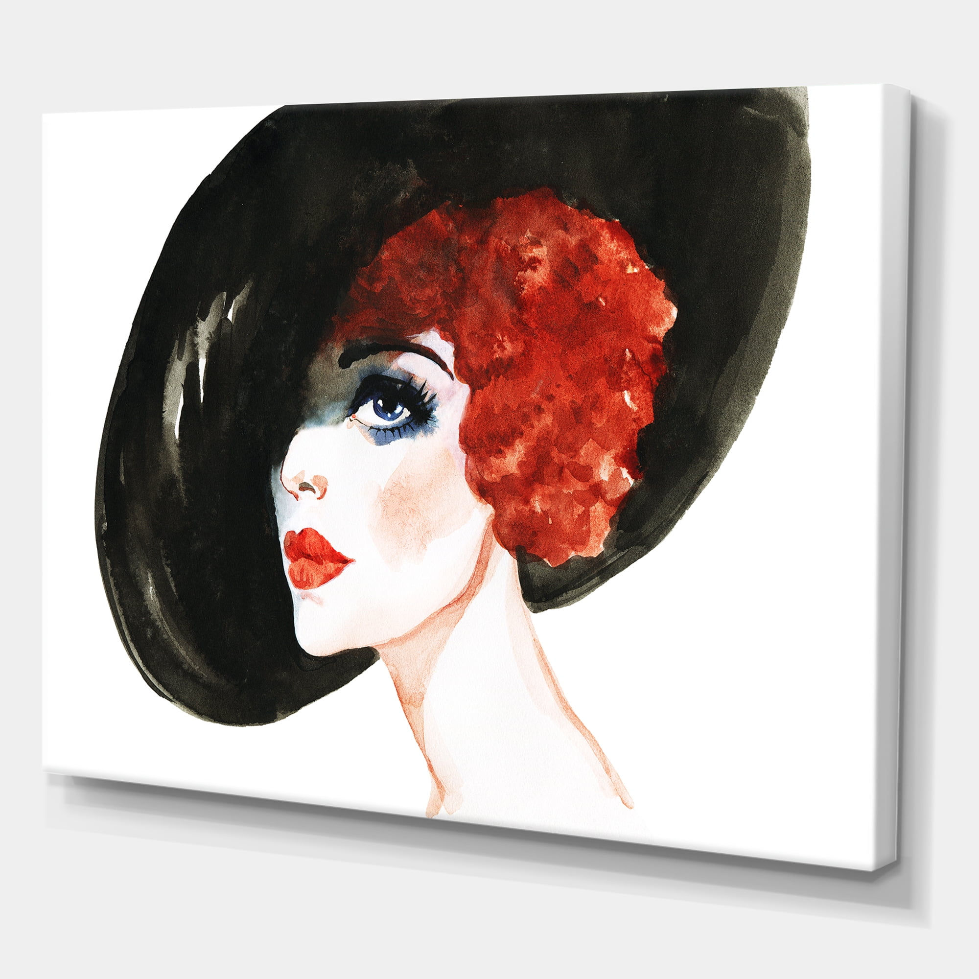 Designart ' Portrait of Woman Red Head Lady In Hat ' Modern Canvas Wall Art Print