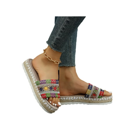 

Daeful Women Platform Sandal Thick Sole Wedge Sandals Peep Toe Summer Slides Non-Slip Slip On Casual Shoes Ladies Lightweight Espadrille Colorful 7.5