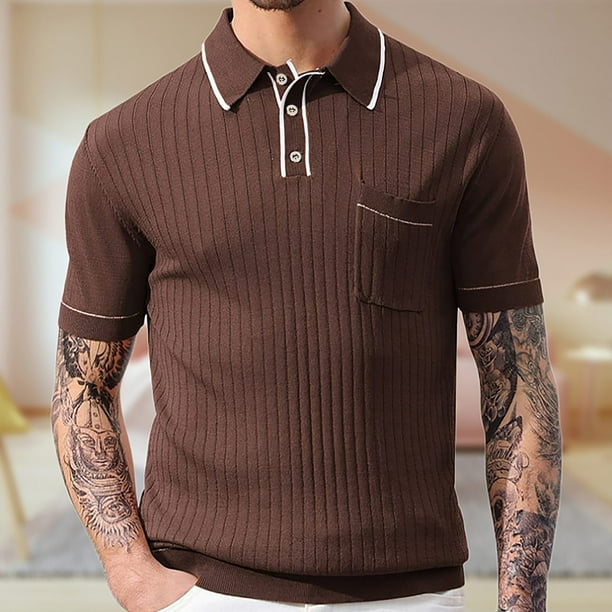 Playera Elvqul Caballero Mayor Manga Corta de Color Sólido Café con Solapa