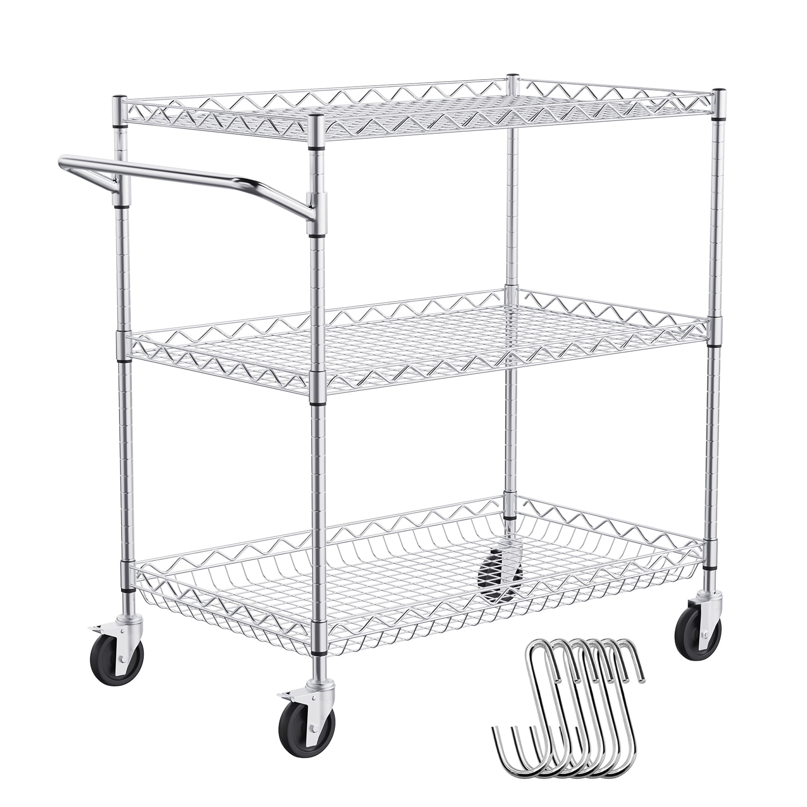 KFFKFF 3-Level Kitchen Cart, Wire Rollable Cart with a Load Capacity of 661LBS, Steel-Made Mobile Service Cart, Metallic Storage Trolley featuring 80mm Deep Basket, Curved Handle, 6 Hooks