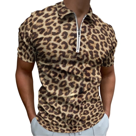 Leopard Print Men Zipper T-shirt Summer Casual Short Sleeve T-shirt Top