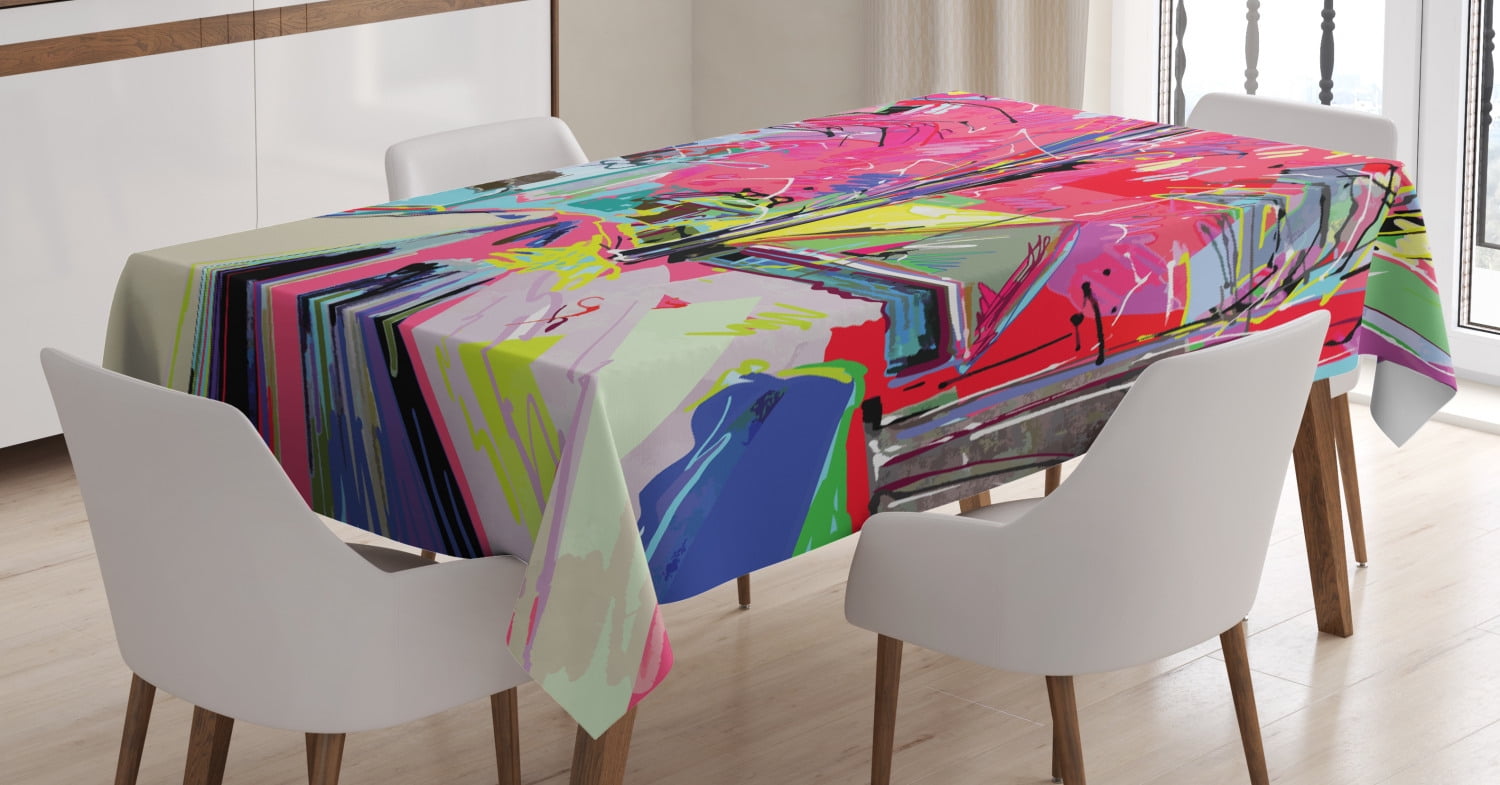 Fine Art Tablecloth, Funky Digital Paint Streets Sketch Style Unusual Trees Grunge Outside Urban