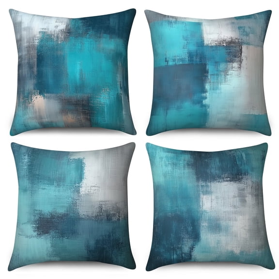 Teal and Gray Throw Pillow Covers 18x18 Set of 4,Turquoise Modern Abstract Art Decorative Pillow Cases for Bedroom Sofa Couch