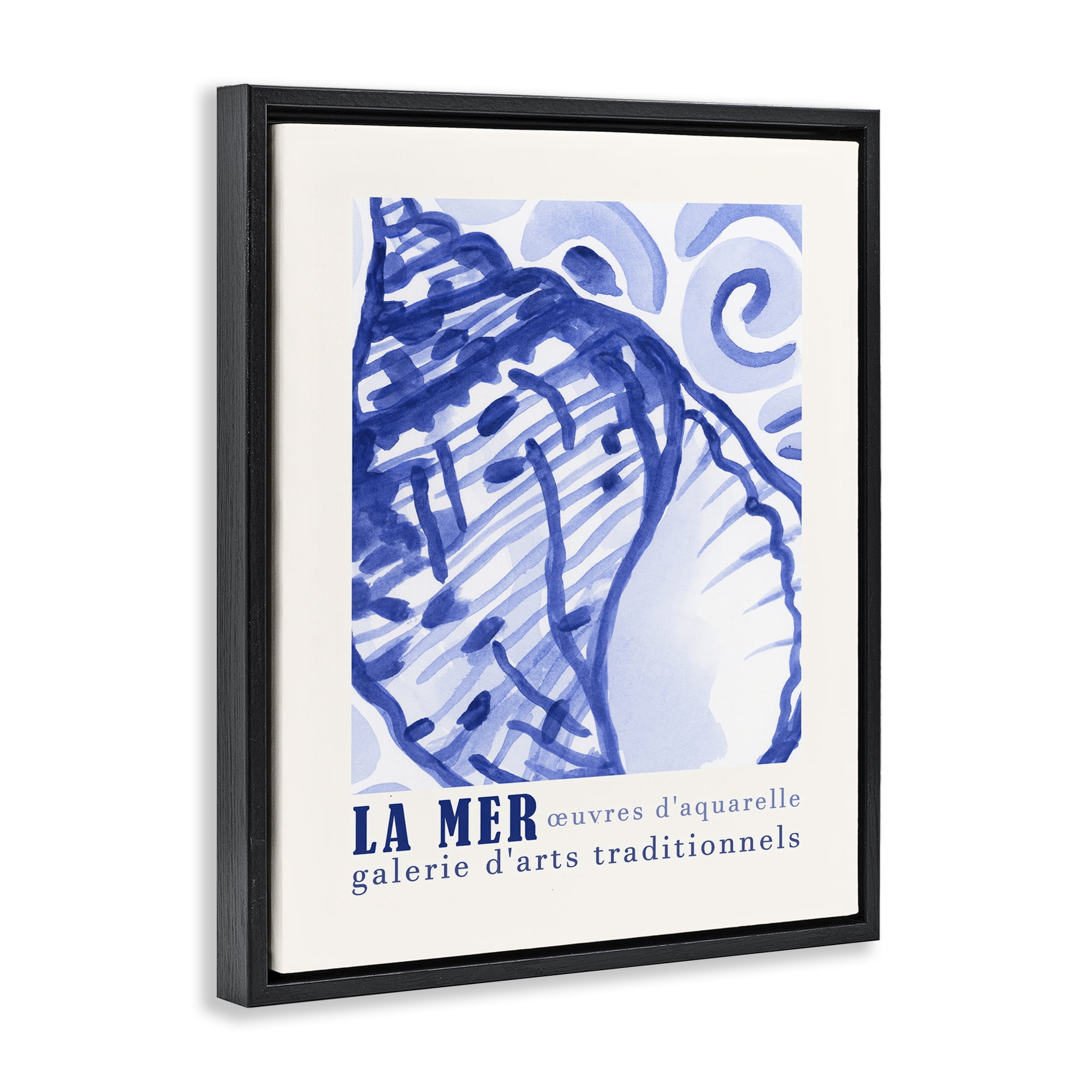 Stupell Industries Blue Seashell Gallery Show Nautical & Beach Painting Black Floater Framed Canvas Art Print Wall Art, 17 x 21