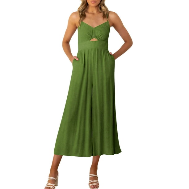 Gibobby Monos de Moda Bolsillos de cuello de ancho Cutout Mujeres Jumpsuit Summer Jumpsuit Spaghetti V Traje de mono Color correa Casual Cintura pierna Soild Jumpsuit Femenino(Verde, XL)