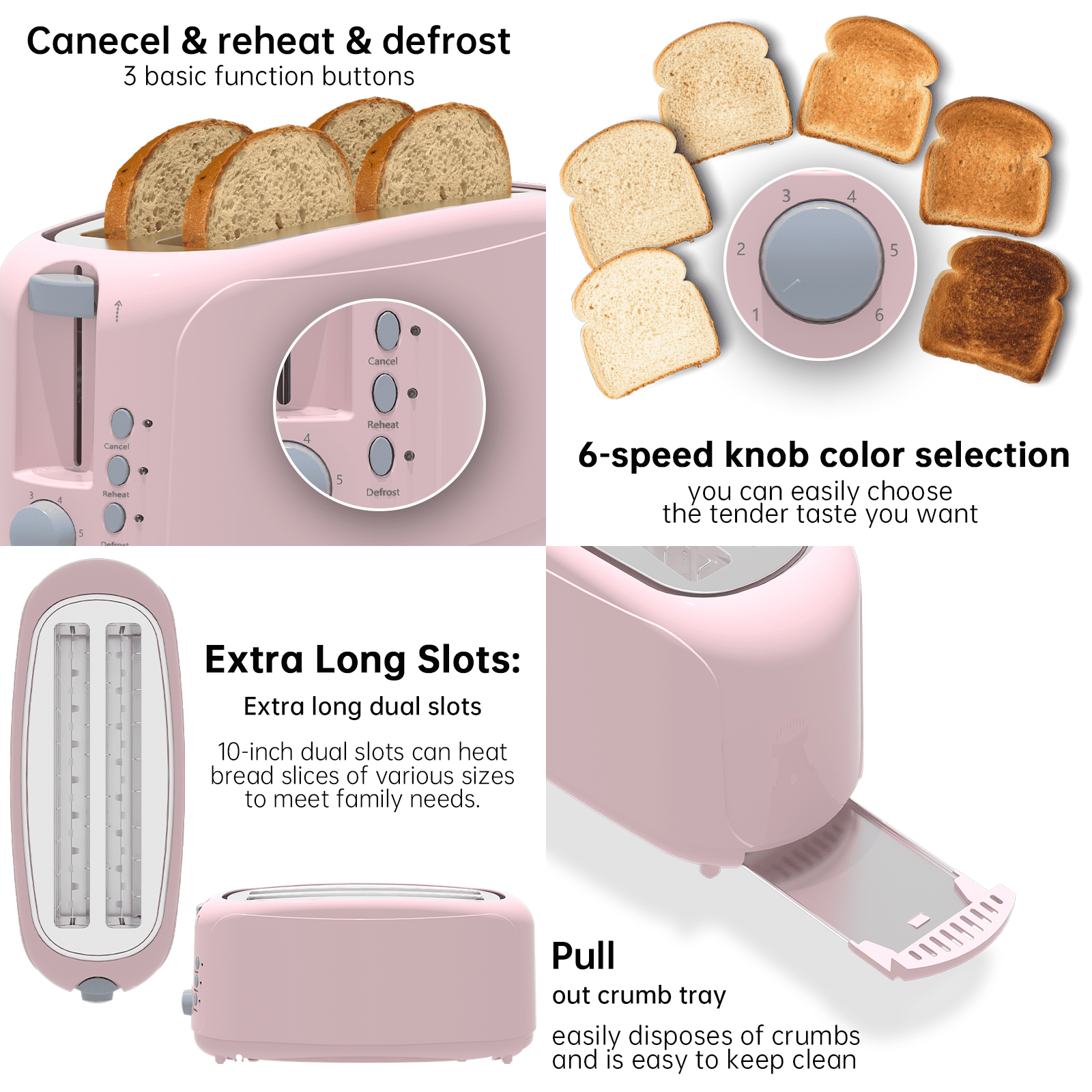 4 Slice Extra Long Slot Toaster with 6 Browning Levels & Defrost/Reheat Functions,Pink